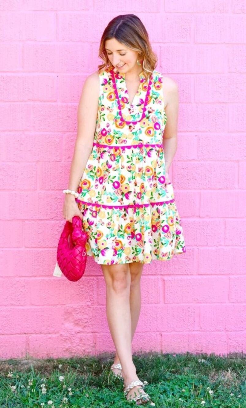 Entro sleeveless knee length floral cotton dress cream pink yellow